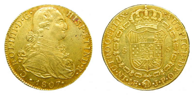 Carlos IV (1788-1808). 1807 JP. 8 escudos. Lima. (AC 1614). 27,14 gr. Au. Brillo...