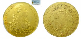 Carlos IV (1788-1808). 1790 MF. 8 escudos. Madrid. (AC 1619) (Cal.32). PCGS Genuine Scratch AU details. Brillo original.
AU