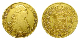 Carlos IV (1788-1808). 1805 TH. 8 escudos. México. (AC 1649). 27,01 gr. Au. Bonita pátina. Restos de brillo original.
mbc+/ebc-