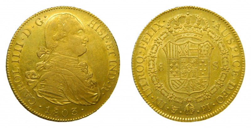 Carlos IV (1788-1808). 1803 PJ. 8 escudos. Potosí. (AC 1709). 27,08 gr. Au.
mbc...