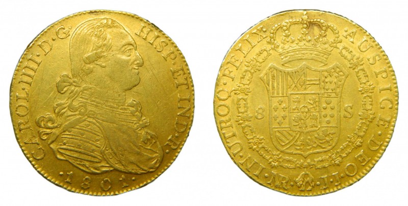 Carlos IV (1788-1808). 1801 JJ. 8 escudos. Santa fe de Nuevo reino. (AC 1738). 2...