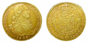 Carlos IV (1788-1808). 1803 JJ. 8 escudos. Santa fe de Nuevo reino. (AC.1742). 26,97 gr. Au.
mbc