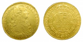 Carlos IV (1788-1808). 1804 JJ. 8 escudos. Santa fe de Nuevo reino. (AC 1744). 27,17 gr. Au. Marquitas en anverso.
mbc