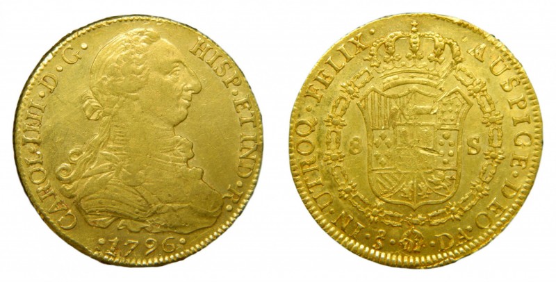 Carlos IV (1788-1808). 1796 DA. 8 escudos. Santiago. (AC 1761). 26,93 gr. Au. Le...
