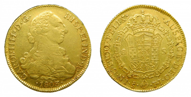 Carlos IV (1788-1808). 1803 FJ. 8 escudos. Santiago. (AC 1773). 26,98 gr. Au. Le...