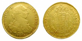 Carlos IV (1788-1808). 1803 FJ. 8 escudos. Santiago. (AC 1773). 26,98 gr. Au. Leves hojitas en anverso.
mbc