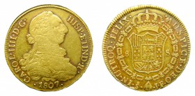 Carlos IV (1788-1808). 1807 JF. 8 escudos. Santiago. (AC 1781). 26,99 gr. Au. Pátina.
mbc