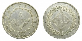 José Napoleón (1808-1814). 1811. 5 pesetas. Barcelona. (AC 47). (Cal.15). 25 Rosetas. 27 gr. Ag. Escasa. Muy bonita.
ebc+