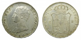 José Napoleón (1808-1814). 1809 IG. 8 reales. Madrid. (AC 33) (Cal.33). 26,69 gr. Ag. Leve zona de plata agria en anverso. Brillo original.
sc-