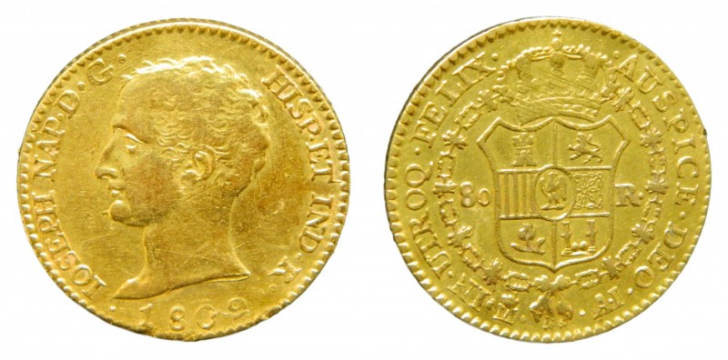 José Napoleón (1808-1814). 1809 AI. 80 reales. Madrid. (AC 47). 6,73 gr. Au. Esc...