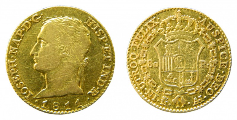 José Napoleón (1808-1814). 1811 AI. 80 reales. Madrid. (AC 49). 6,74 gr. Au.
mb...