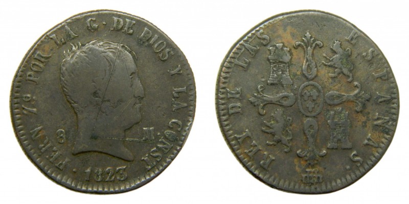 Fernando VII (1808-1833). 1823. 8 maravedís. Segovia (AC 241). Cobre. Ceca en re...