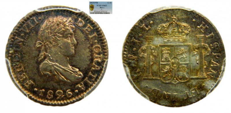 Fernando VII (1808-1833). 1825 JL PTS. 1/2 real. Potosí Bolivia. PCGS MS65 (AC 4...