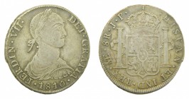 Fernando VII (1808-1833). 1810 JP. 8 reales. Lima. (AC 1241). Busto indígena. 26,32 gr. Ag.
bc