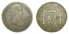 Fernando VII (1808-1833). 1813 JP. 8 reales. Lima. (AC 1246). 26,45 gr. Ag. Hojitas en reverso.
bc