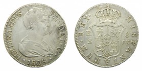 Fernando VII (1808-1833). 1808 CN. 8 reales. Sevilla. (AC 1411). 26,65 gr. Ag. Busto desnudo.
mbc