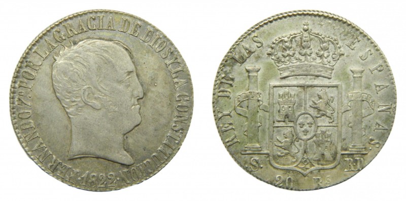 Fernando VII (1808-1833). 1822 RD. 20 reales. Sevilla. (AC 1422). Tipo Cabezón. ...