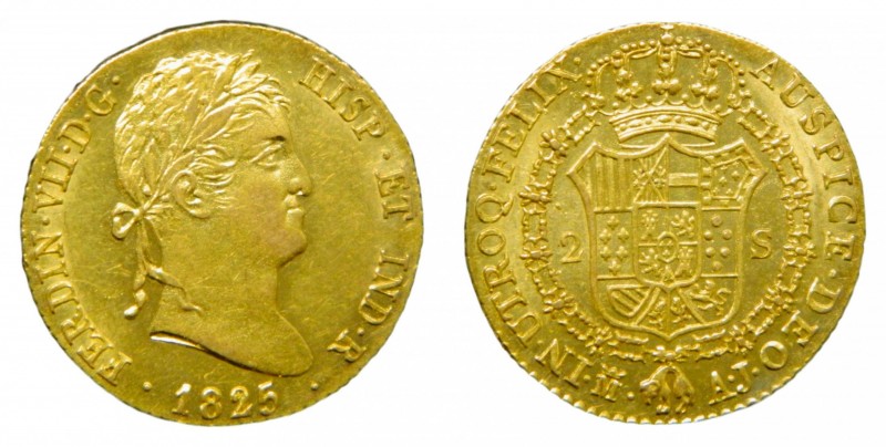 Fernando VII (1808-1833). 1825 AJ. 2 escudos. Madrid. (AC 1631). 6,75 gr. Au. Br...