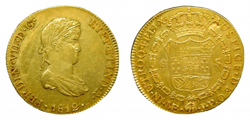 Fernando VII (1808-1833). 1812 JP. 8 escudos. Lima. (AC 1759). 26,95 gr. Au. Hoj...