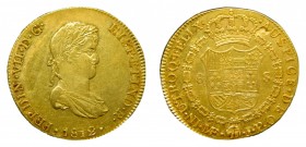 Fernando VII (1808-1833). 1812 JP. 8 escudos. Lima. (AC 1759). 26,95 gr. Au. Hojita en reverso. Busto laureado y drapeado pequeño.
ebc