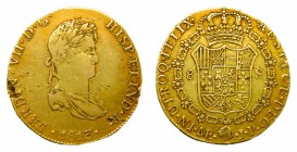 Fernando VII (1808-1833). 1813 JP. 8 escudos. Lima. (AC 1760). 26,74 gr. Au. Hojita en anverso. Busto laureado y drapeado pequeño.
mbc