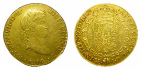 Fernando VII (1808-1833). 1814 JP. 8 escudos. Lima. (AC 1761). 27,06 gr. Au. Hojita en anverso. Busto laureado.
mbc+/ebc-