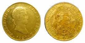 Fernando VII (1808-1833). 1820 JJ. 8 escudos. México. (AC 1799). 26,90 gr. Au. Grieta en anverso. Limpiada.
mbc-