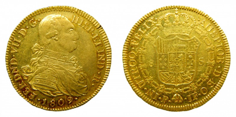 Fernando VII (1808-1833). 1809 JF. 8 escudos. Popayán. (AC 1807). 27,07 gr. Au. ...