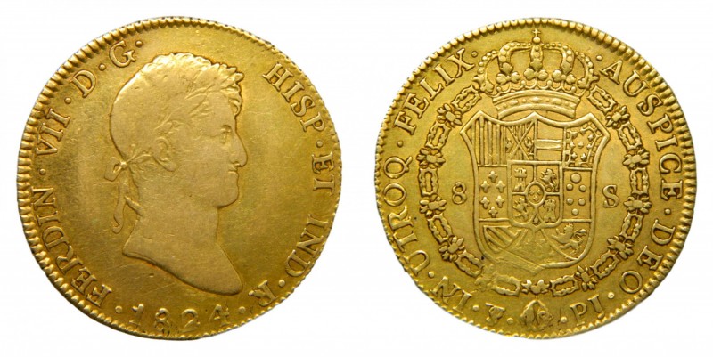 Fernando VII (1808-1833). 1824 PJ. 8 escudos. Potosí. (AC 1828). 27 gr. Au. Esca...