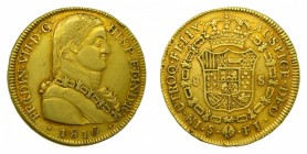 Fernando VII (1808-1833). 1810 FJ. 8 escudos. Santiago. (AC 1864) (Cal.115) (KM#72). Marca de ceca invertida. Busto de almirante.
mbc