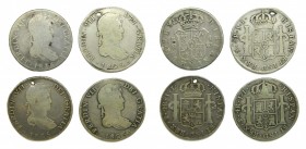 Fernando VII (1808-1833). Lote de 4 monedas. 4 reales. 1816 CJ Madrid y 3 monedas 1825 JL Potosí. Agujeros.
bc-