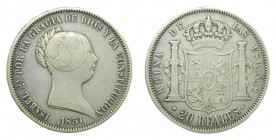 Isabel II (1833-1868). 1851. 20 reales. Madrid. (AC 593). 25,87 gr. Ag.
mbc
