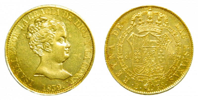 Isabel II (1833-1868). 1839 PS. 80 reales. Barcelona. (AC 704). 6,76 gr. Au. Bri...