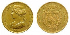 Primera República. (1873-1874). 1868 *18-73. 10 escudos. Madrid. (AC 41). 8,43 gr. Au. Acuñada en el período de la Primera República.
ebc+