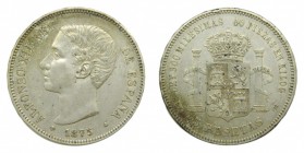 Alfonso XII (1874-1885). 1875 *18-75. DEM. 5 pesetas. Madrid. (AC 35). 24,92 gr. Ag. Golpecitos en canto.
mbc+