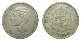 Alfonso XII (1874-1885). 1881 *18-81. MSM. 5 pesetas. Madrid. (AC 44). 24,83 gr. Ag.
bc+