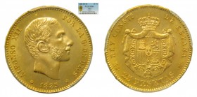 Alfonso XIII (1886-1931). 1885 *18-85. MSM. 25 pesetas. Madrid. (AC 90) (PCGS MS64). RARA. Au.
MS64