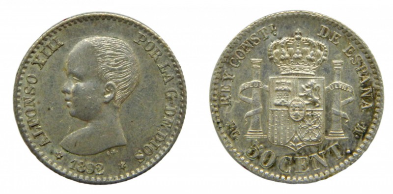 Alfonso XIII (1886-1931). 1892 *9-2. PGM. 50 céntimos. Madrid. (AC 38). 2,53 gr....