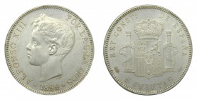 Alfonso XIII (1886-1931). 1899 *18-99. SGV. 5 pesetas. Madrid. (AC 110). 24,76 gr. Ag. Golpecito en el canto.
sc-