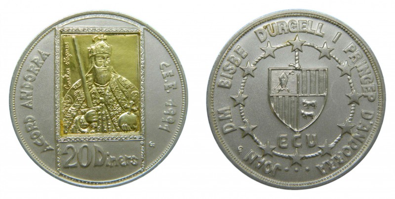 Andorra. 20 diners. 1992 (KM#72). Carlo magno. 25 gr. silver 925 mls. 1,6 gr. go...