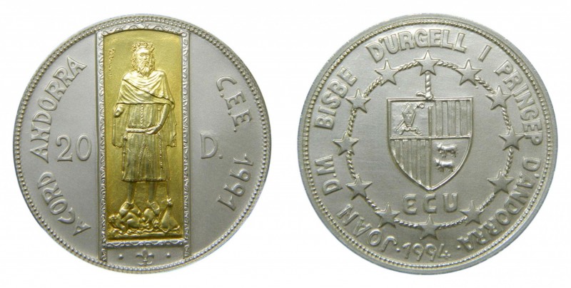 Andorra. 20 diners. 1994 (KM#100). Pedro III Catalunya y Aragón. 25 gr. silver m...