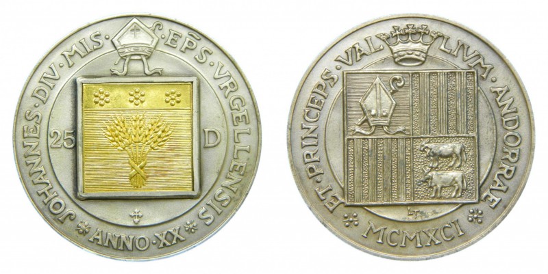 Andorra. 25 diners. 1991 (KM#69). 25 gr. plata y oro. 20 Th Anniversary Episcopa...