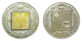 Andorra. 25 diners. 1991 (KM#69). 25 gr. plata y oro. 20 Th Anniversary Episcopal co-prince.
sc
