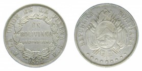 Bolivia. Boliviano. 1874 FE. Potosí. (KM#160.1). 25,21 gr. Ag.
bc+