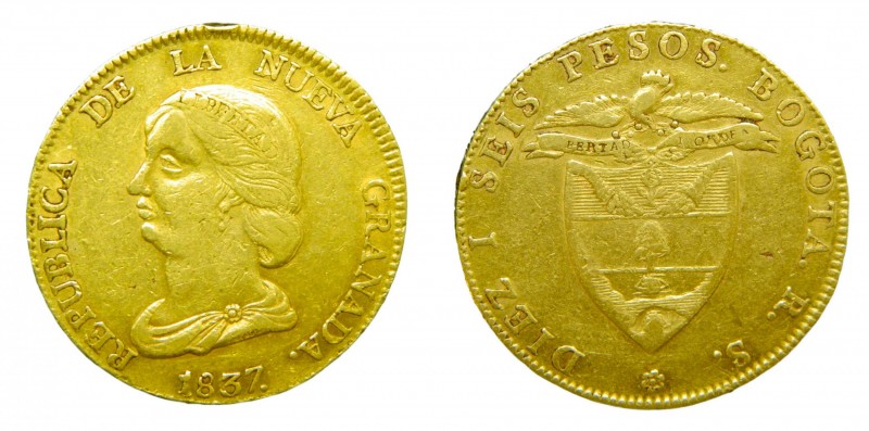Colombia Republic. Nueva Granada. 16 Pesos. 1837 RS. Bogotá. (KM#94.1). 26,99 gr...