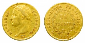 Francia. 20 francos. 1808 A. París. Napoleón I. (KM#687.1). 6,43 gr. Au. Golpecitos.
bc