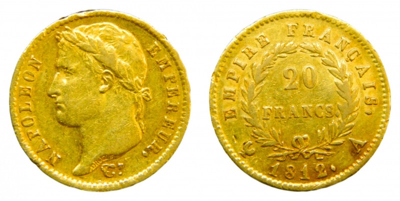 Francia. 20 francos. 1812 A. París. Napoleón I. (KM#695.1). 6,38 gr. Au. Golpeci...
