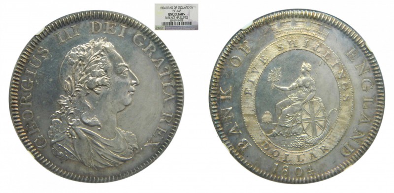 Gran bretaña. Dollar. 1804. (KM#Tn1) (Seaby-3768). George III. (NGC UNC details)...
