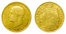 Italia. 40 liras. 1808 M. Milán. (KM#12). Napoleón I. 12,84 gr. Au. Kingdom of Napoleon.
mbc
