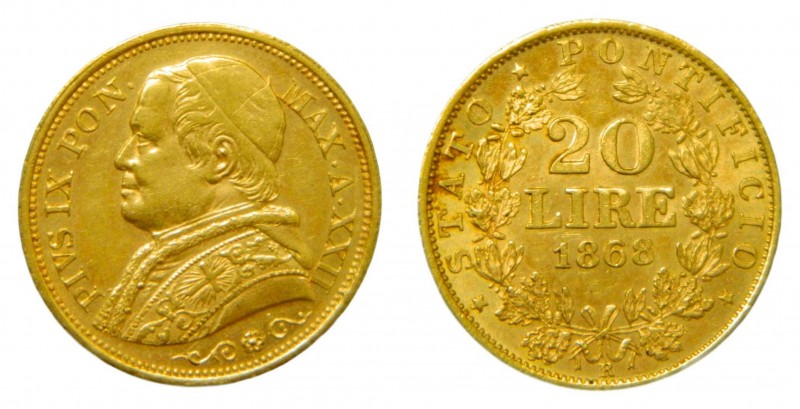 Italia. Estados papales. 20 liras. 1868 R. XXII Roma. (KM#1382.3). Pivs IX. 6,46...